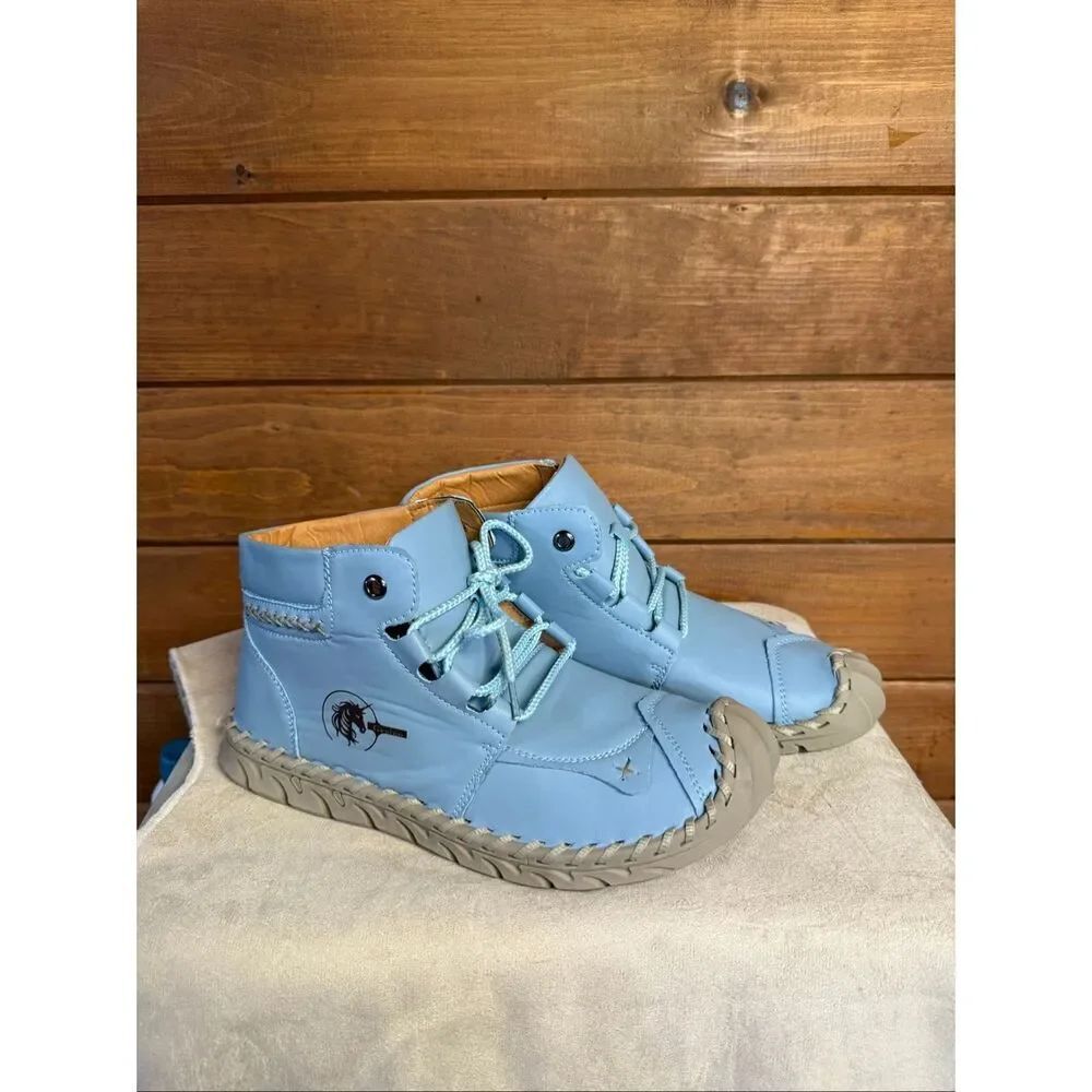 Geaino Handmade Blue Ankle Boot Shoes Hiking Renaissance Size 9.5/10 NWOT